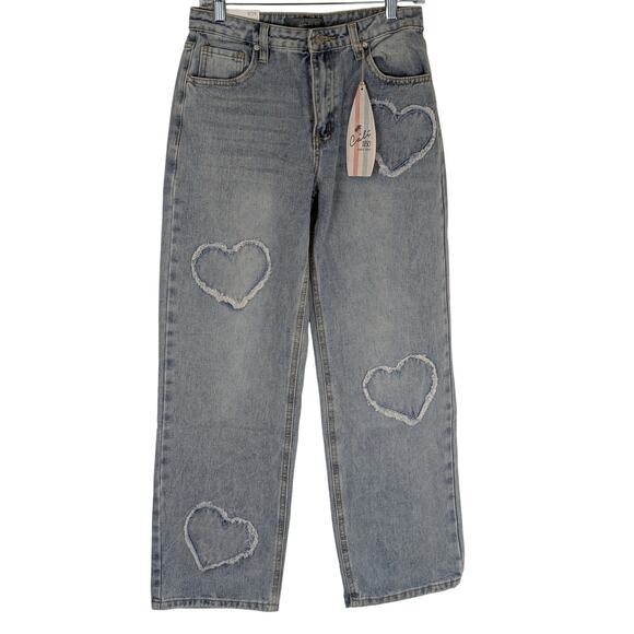 Cali 1850 LA Sz 9 lightwash jeans heart design NWT Waist to 30" Hips 41"wide leg - Picture 1 of 7